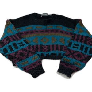 Vtg Kenneth Roberts Chunky Black Sweater With Multicolor Design - Large Crop
